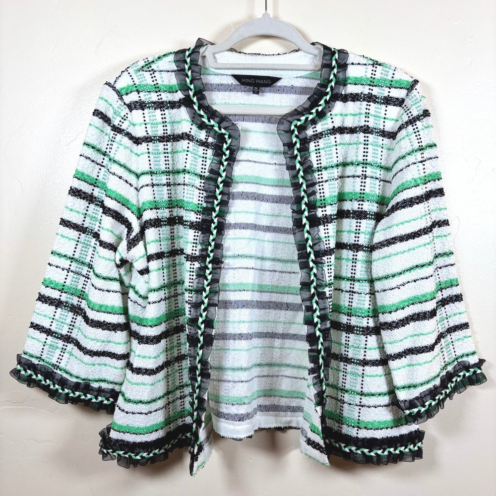 Ming Wang White Black Green Plaid Tweed Open Front Jacket